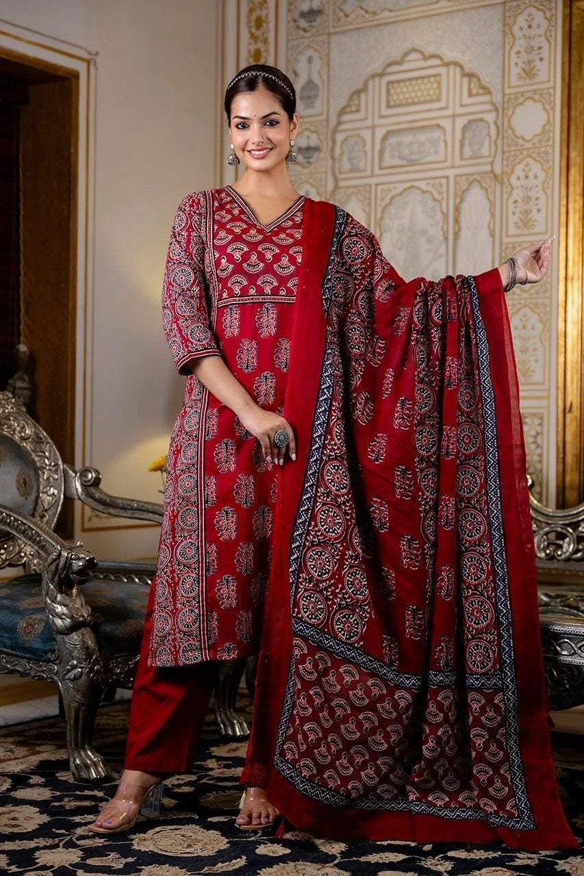 FABRIC - AJRAKH PRINT COTTON SEQUINS WORK, PANEL CONCEPT, SIZE S TO XXL