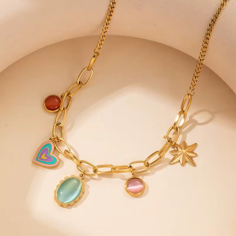 Charm Link Necklace –18k Gold Plated Stainless Steel with Colorful Pendants