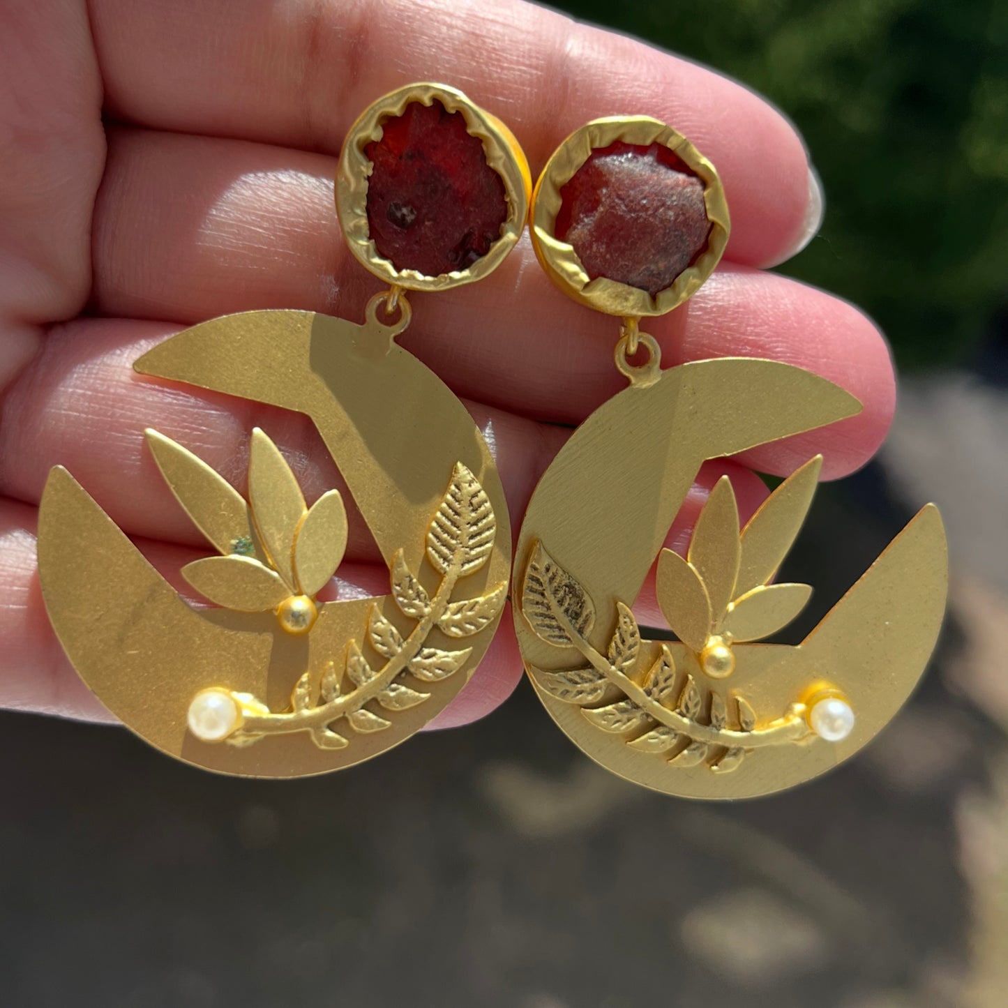 Gold plated Handmade brass jewellery with rust red druzy stone.