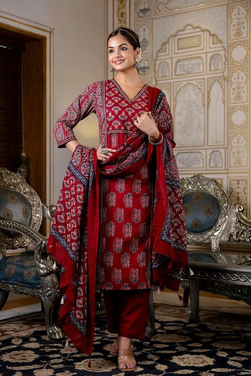 FABRIC - AJRAKH PRINT COTTON SEQUINS WORK, PANEL CONCEPT, SIZE S TO XXL