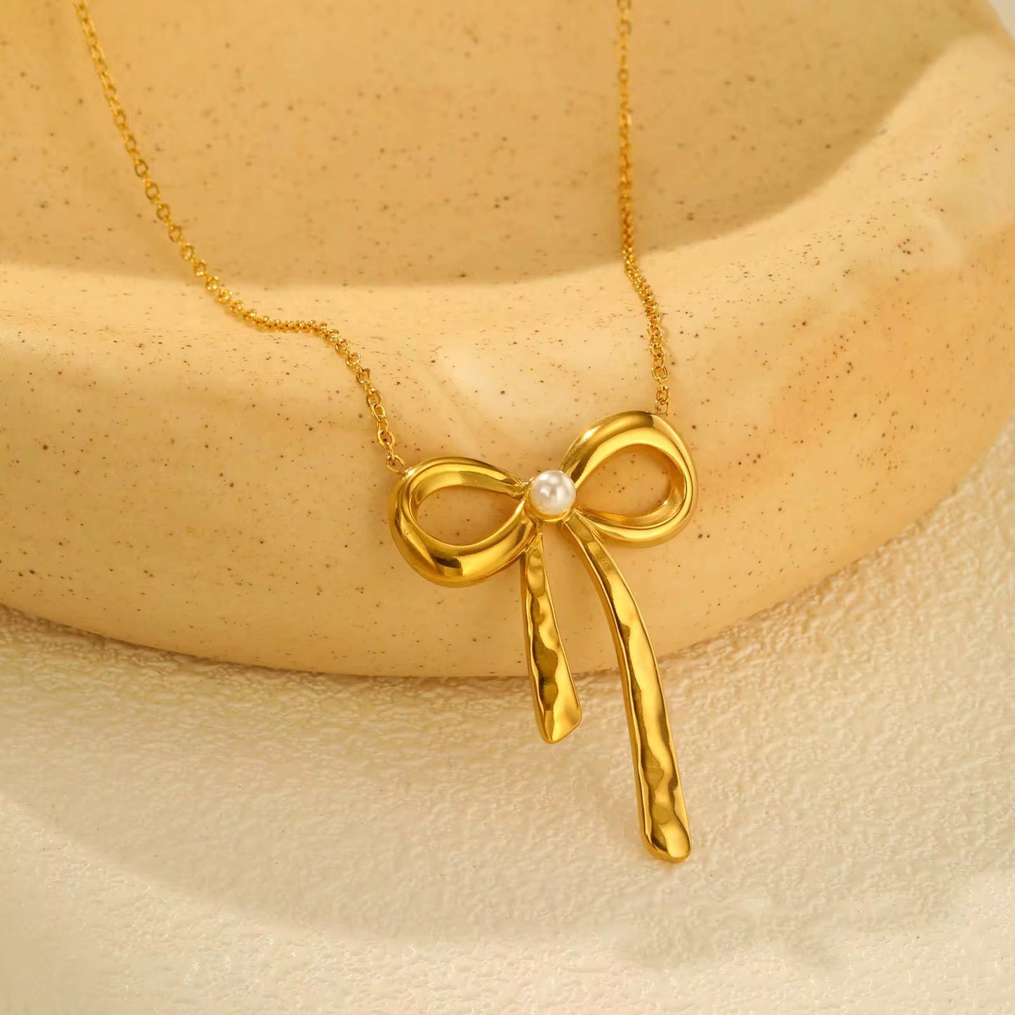 Golden Bow Pearl Necklace – Stainless Steel, Waterproof & Anti Tarnish