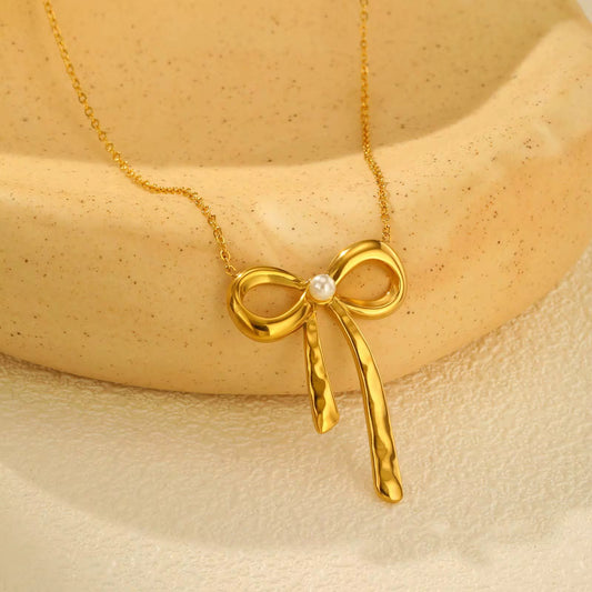 Golden Bow Pearl Necklace – Stainless Steel, Waterproof & Anti Tarnish