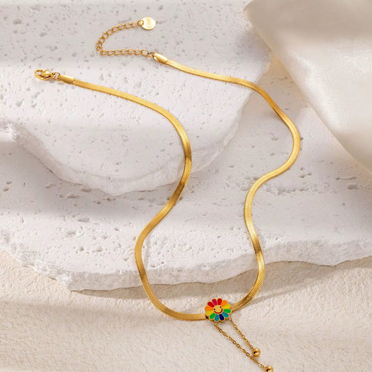 Rainbow Smiley Flower Necklace – 18k Gold Plated Stainless Steel