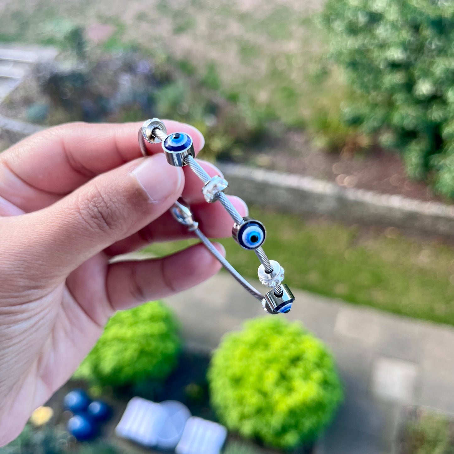 Silver Evil Eye Protection Bangle – Stainless Steel