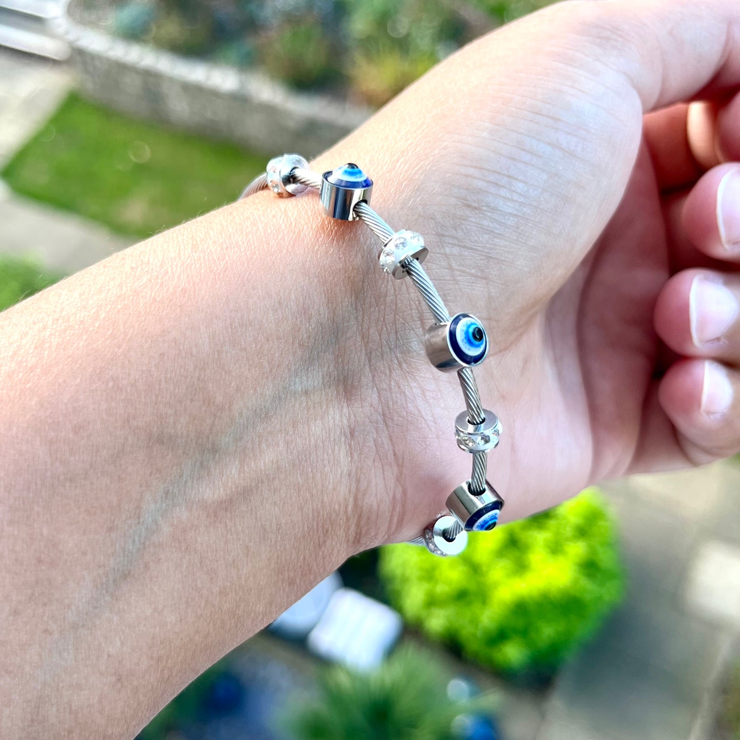 Silver Evil Eye Protection Bangle – Stainless Steel